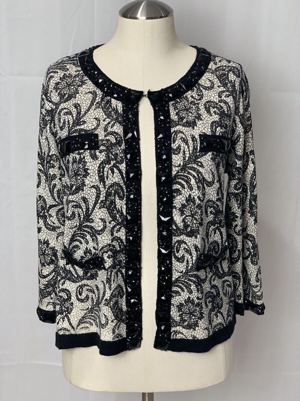 Michael Simon Cardigan Sweater Embellished Beaded Black White Silk Cashmere L